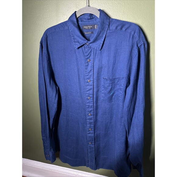 Nautica Shirt Mens Adult Large Blue Dyed Button Up Casual 100% Linen Pocket - Picture 1 of 4